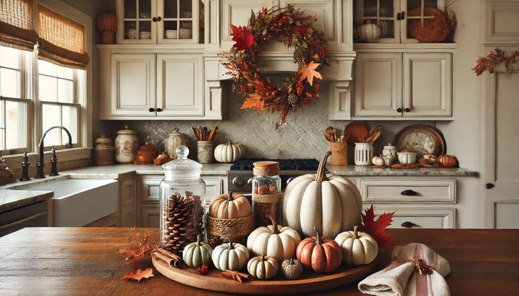 Here is an image reflecting the "Decorate with Seasonal Elements" section. It showcases a harmonious blend of mini pumpkins, cinnamon sticks, pinecones, a leaf garland, and a charming wreath, creating a cozy and inviting autumn atmosphere. The layered textures and earthy tones perfectly capture the warmth of fall.