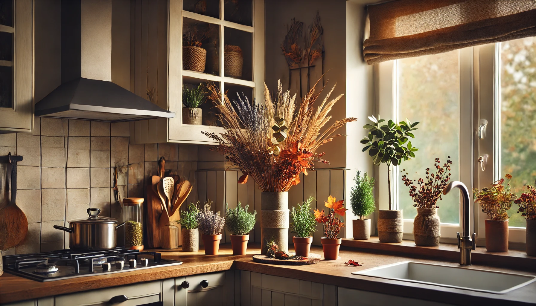 Here is the autumn kitchen scene featuring natural elements. The bouquet of dried lavender, wheat, and eucalyptus adds warmth, while foraged branches and leaves on the shelf bring the outdoors inside. The mini herb garden in terracotta pots near the window adds both greenery and practicality. The soft lighting ties everything together, creating a cozy and harmonious fall atmosphere. 