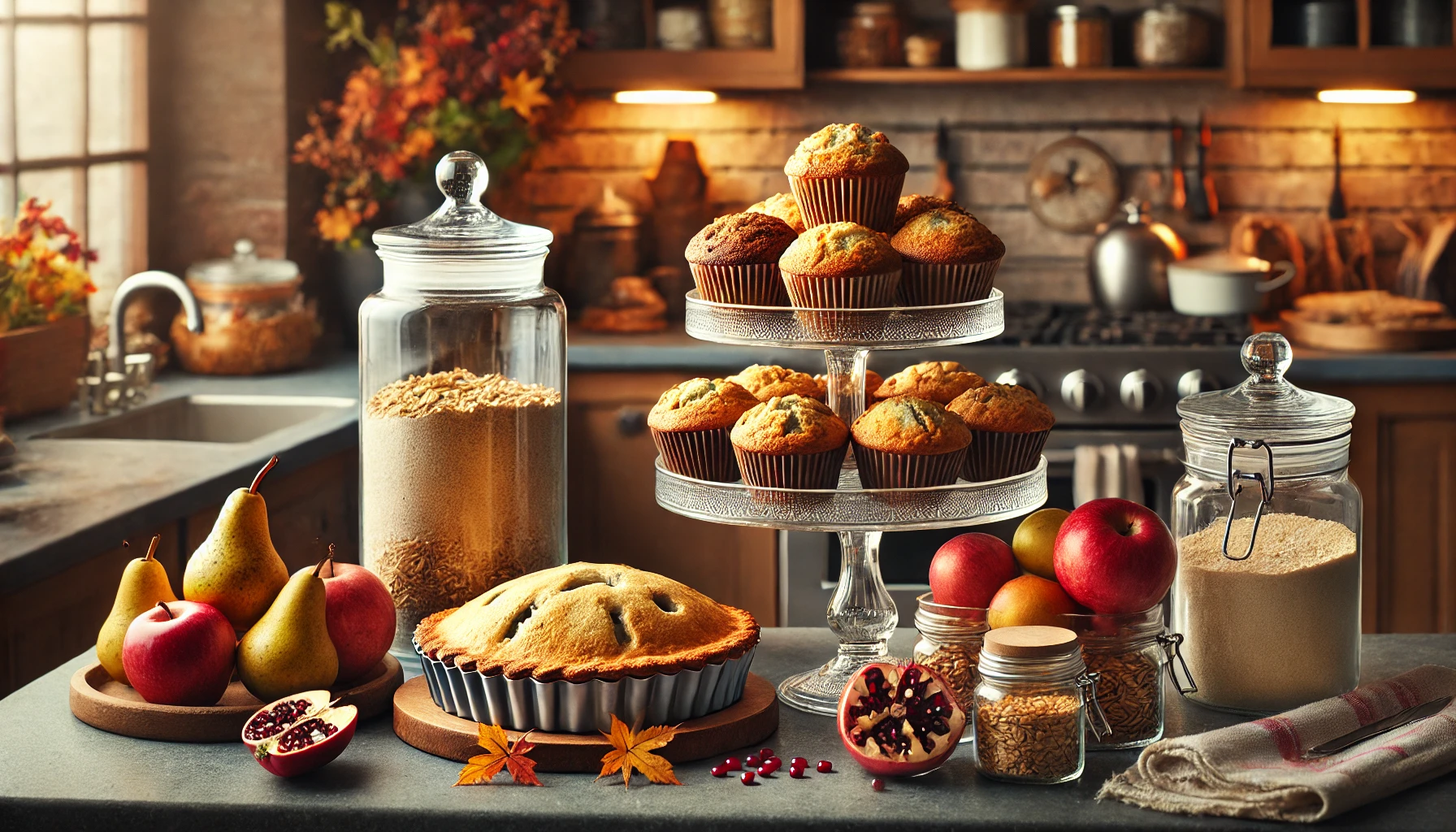 A cozy autumn kitchen featuring seasonal treats on display. A tiered tray on the countertop holds freshly baked muffins and cookies, inviting family members to snack. A glass cake stand displays a warm apple pie, adding to the cozy atmosphere. Nearby, a bowl filled with apples, pears, and pomegranates brings in seasonal colors. Clear jars filled with flour, oats, and brown sugar are neatly arranged on an open shelf, adding a functional yet decorative touch. The lighting is warm and soft, complementing the inviting look of the seasonal treats and creating a welcoming fall ambiance.