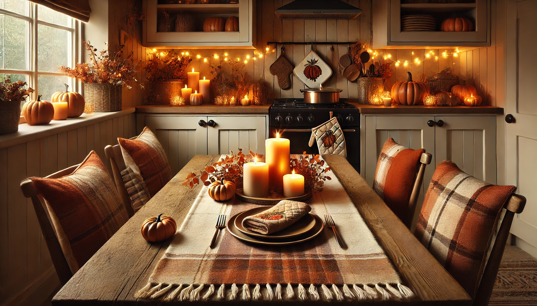 A cozy autumn kitchen with warm rustic textiles and enhanced with seasonal lighting. The dining table features a plaid runner in soft cream and burnt orange, with a small cluster of three pillar candles in warm hues arranged neatly on it. A single brown placemat adds texture, while an oven mitt rests on the countertop. A dish towel embroidered with a pumpkin hangs from the oven handle. In the background, a single rust-colored pillow sits on a bench. Fairy lights are softly draped along a shelf, giving off a golden glow. The lighting is warm and inviting, casting a soft ambiance perfect for autumn gatherings or quiet moments at home.