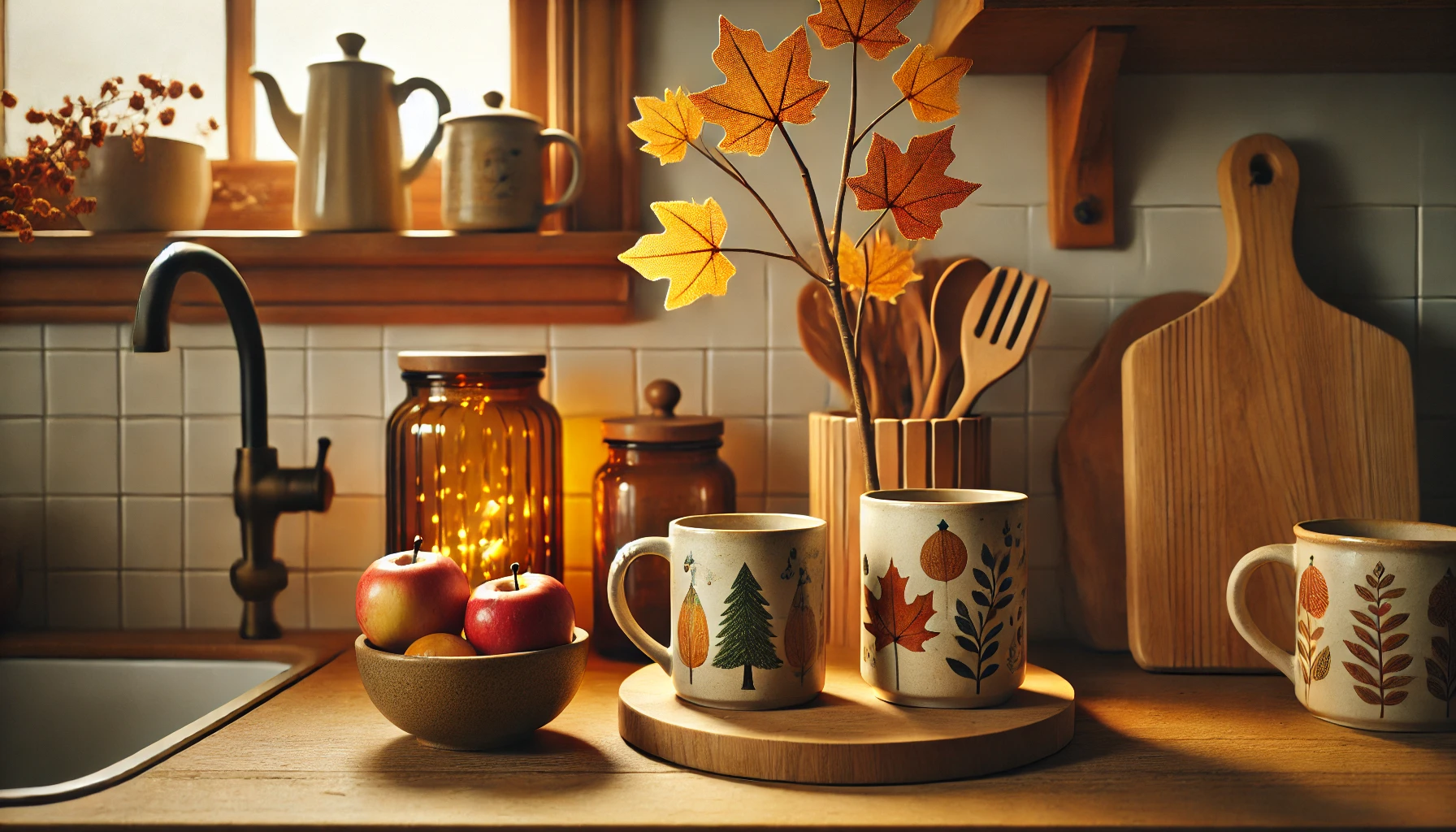 A cozy autumn kitchen with minimal but thoughtful seasonal dishware updates. On the countertop, a small mug tree holds a couple of autumn-themed mugs with subtle leaf patterns and pumpkin graphics. One amber-colored jar sits on the shelf, adding warmth to the decor. A wooden bowl filled with apples and a simple ceramic bowl rest neatly on the counter, blending seamlessly with the rustic fall theme. The lighting is soft and golden, creating a welcoming atmosphere, perfect for enjoying a quiet cup of coffee or tea on a crisp autumn morning.