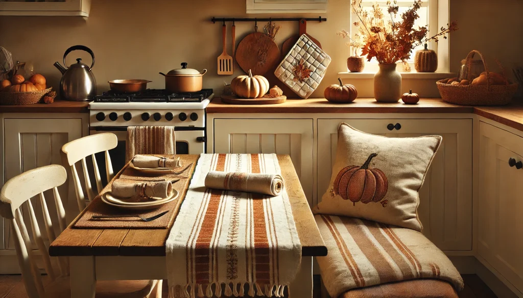 Here is the autumn kitchen scene with the addition of a single rust-colored pillow on the bench, bringing just the right touch of seasonal comfort. The warm tones, rustic textiles, and subtle details create an inviting and cozy fall atmosphere.