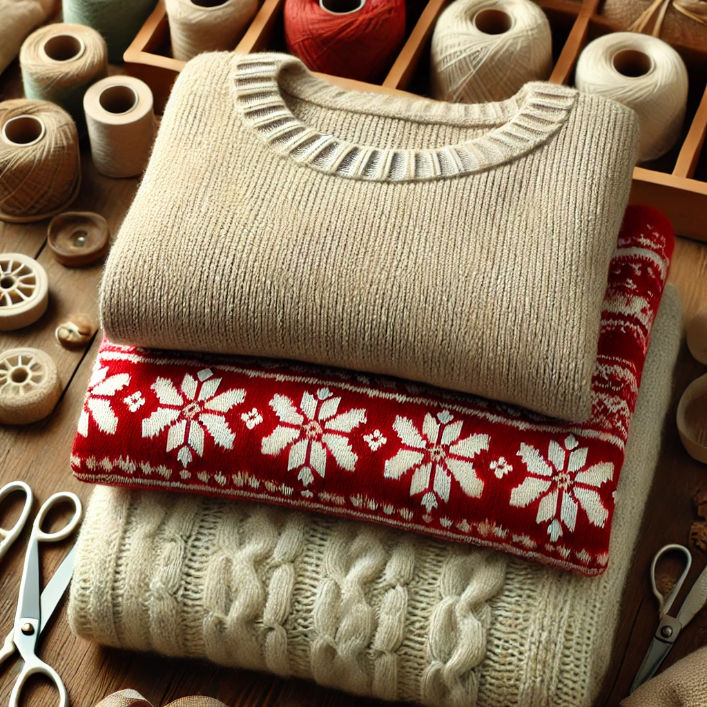 Three folded sweaters on a wooden crafting table: a plain beige sweater, a red and white festive snowflake-patterned sweater, and a soft green cable-knit sweater, perfect for upcycling into DIY Christmas stockings.