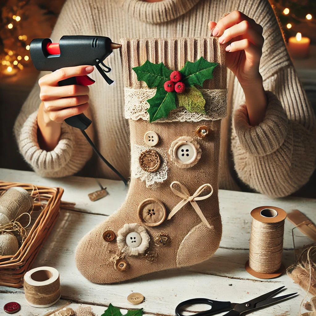 A person decorating a finished DIY Christmas stocking made from a beige sweater, attaching embellishments like holly leaves, lace, buttons, and ribbons using a glue gun, with a crafting table full of materials in a cozy holiday setting.