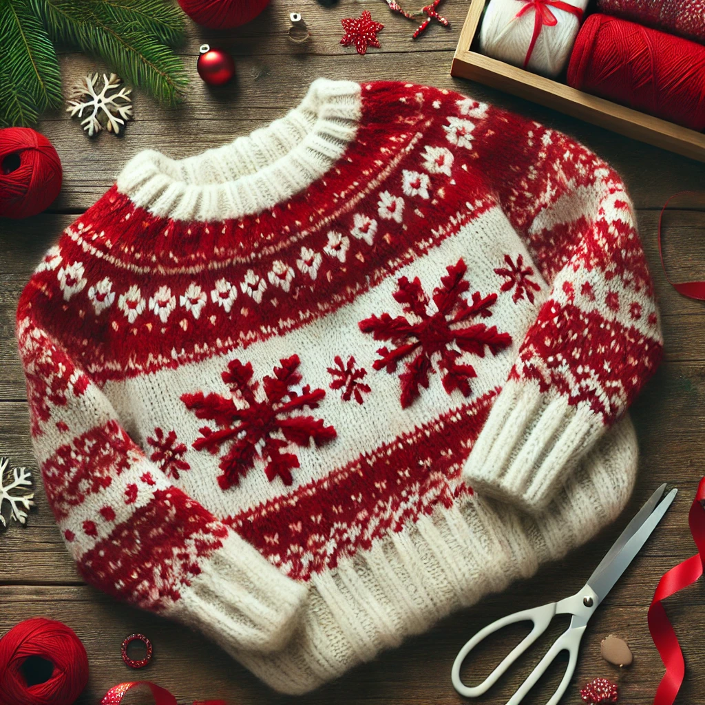 A cozy red and white chunky knit sweater with a festive snowflake pattern, displayed flat on a wooden surface, surrounded by crafting supplies like scissors, ribbon, and buttons, perfect for a holiday DIY project.