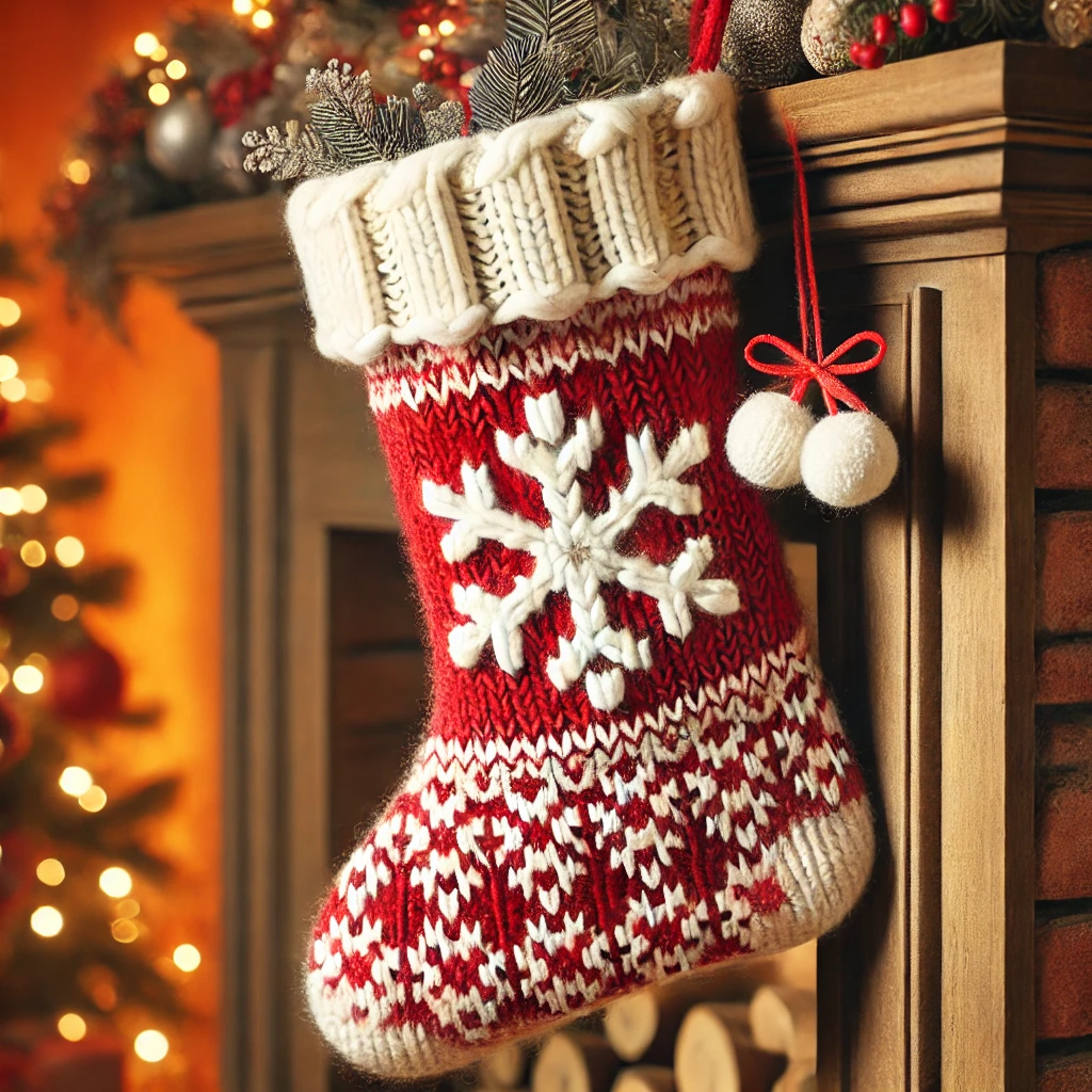 A cozy Christmas stocking made from an upcycled sweater, featuring a chunky knit texture in red and white with a festive snowflake pattern, hanging on a mantel decorated for the holidays.